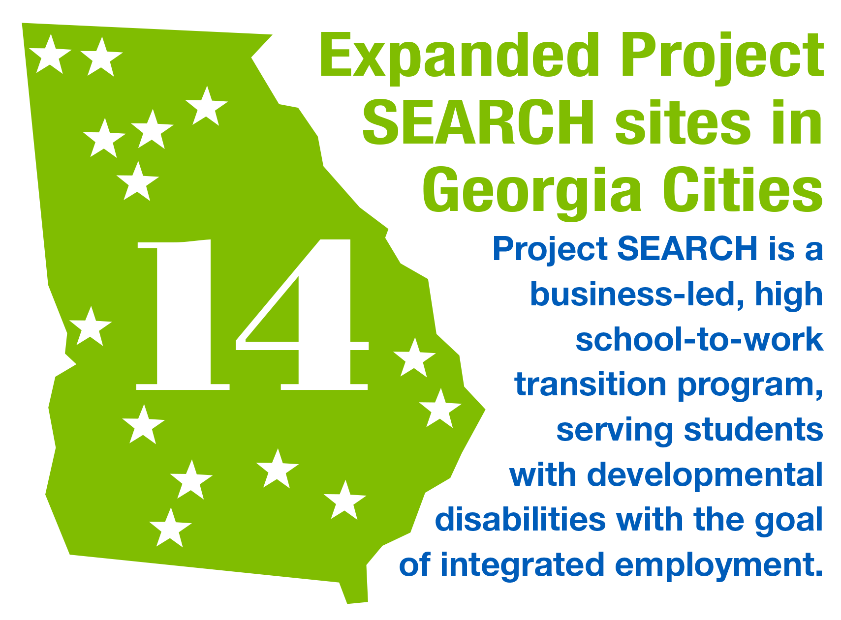 Expanded Project SEARCH sites in 14 Georgia Cities. Project SEARCH is a business-led, high  school-to-work  transition program,  serving students  with developmental  disabilities with the goal  of integrated employment. Click on graphic to more about it. 