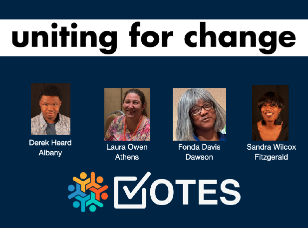 The text reads Uniting for Change Votes and includes photos of four individuals