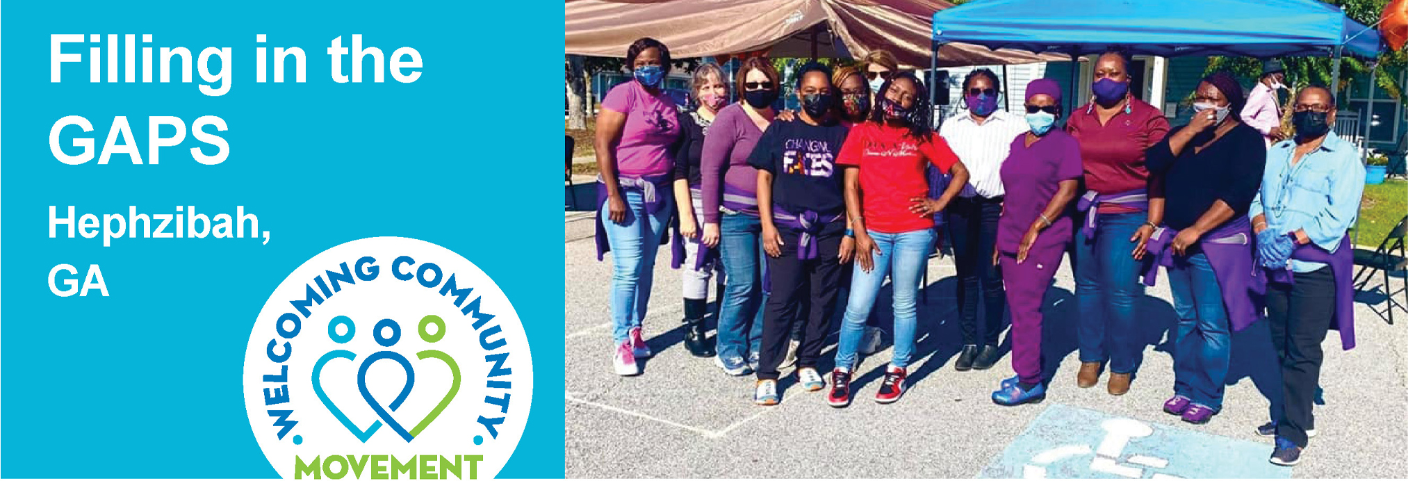 Filling in the Gaps header with Black women in a line behind and accessible logo for parking