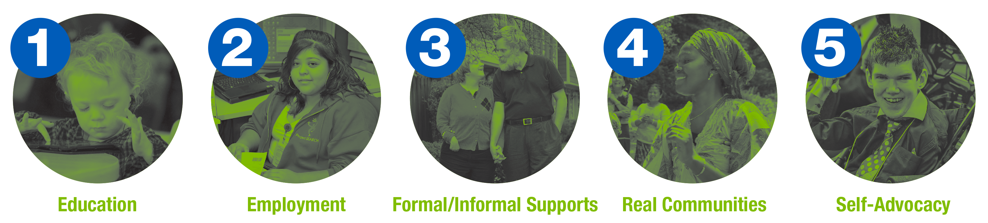 Five Year Plan Goals: 1 Education, 2 Employment, 3 Formal/Informal Supports, 4 RealCommunities, 5 Self-Advocacy