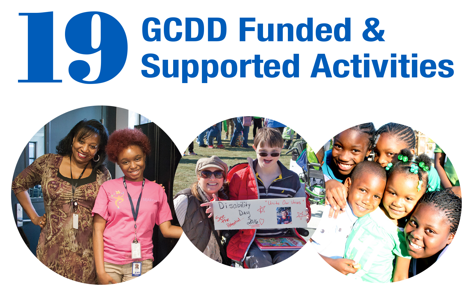 19 GCDD Funded and Supported Activities FY2016, photos from Project SEARCH, Disability Day and Real Communities