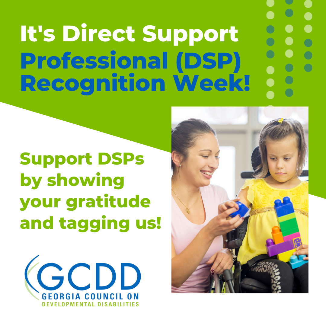 DSP Week graphic with Young woman and child in wheelchair