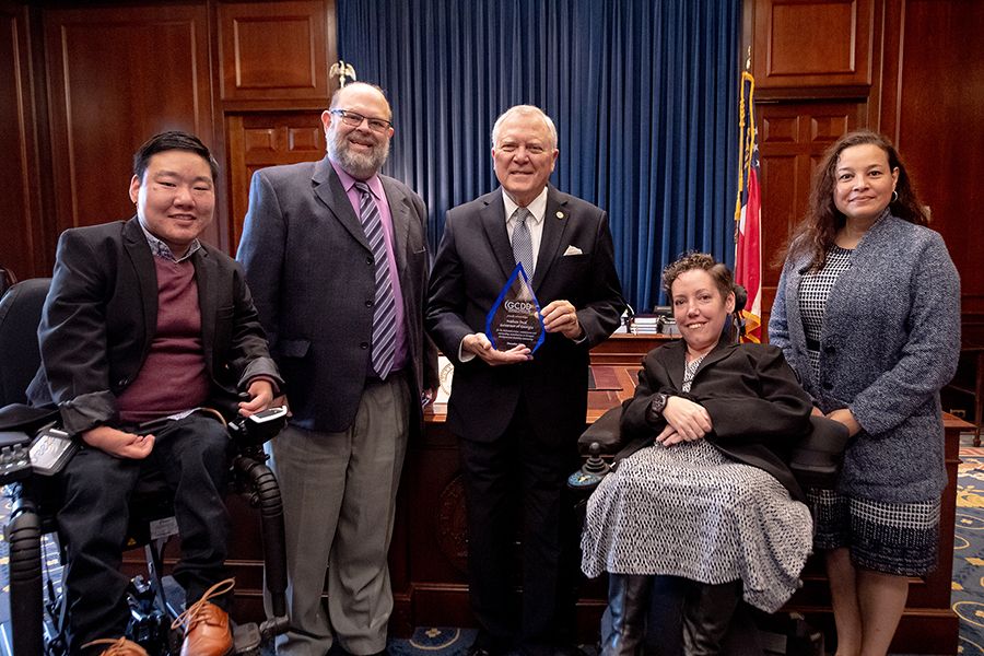 GCDD Council presents thank you plaque to Georgia Governor Nathan Deal Jan 2019 (l to r) Member Parker Glick, Executive Director Eric Jacobson, Gov. Deal, Deputy Director Kate Brady, Member Brenda Munoz