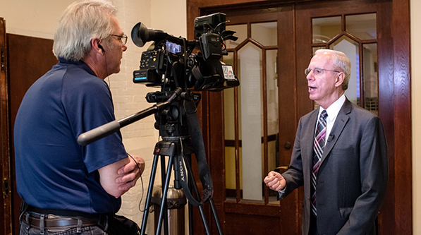 Rep Tony Coehlo being interviewed at the 2017 GCDD Advocacy Days.